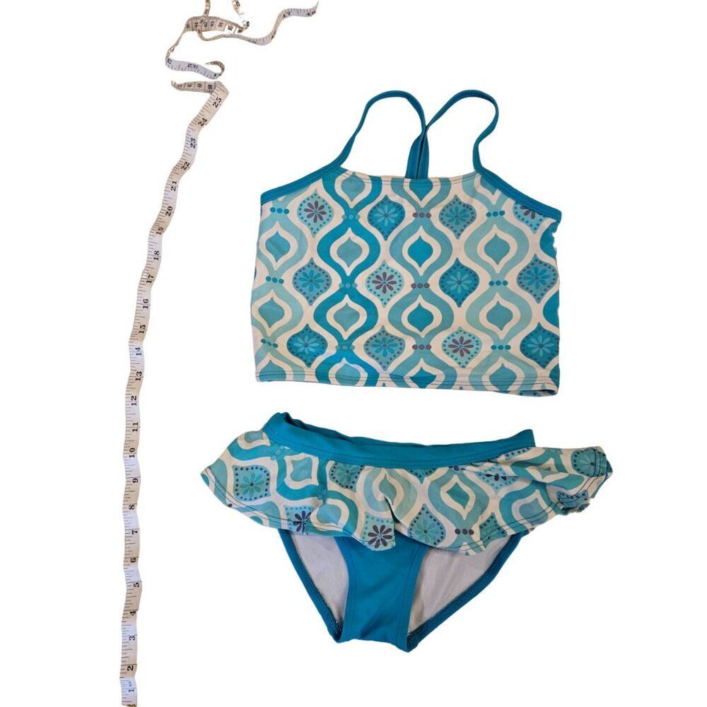 Gymboree Girls Size 7 Swimsuit Teal Blue Mosaic Tankini 2 Piece Skirted Swim Set